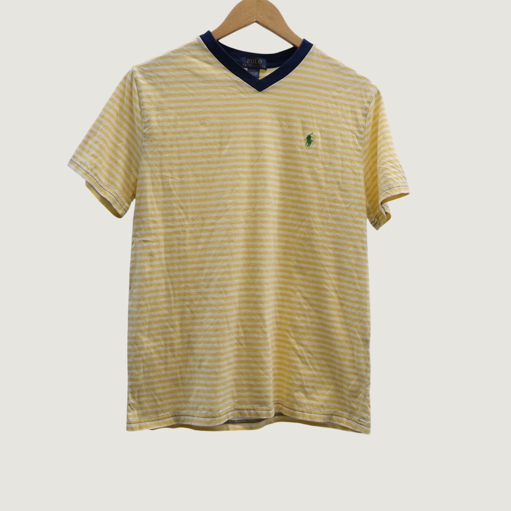 Polo Ralph Lauren Yellow White Stripe Short Sleeve V Neck T Shirt Youth XL 18-20